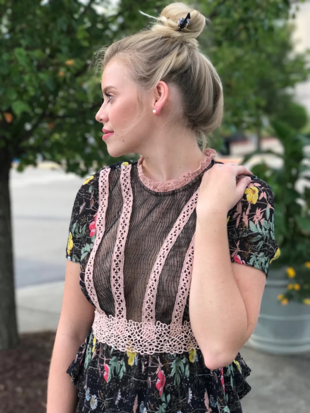 foxiedox Black Floral Sheer Bodice Top with Pink Lace Trim